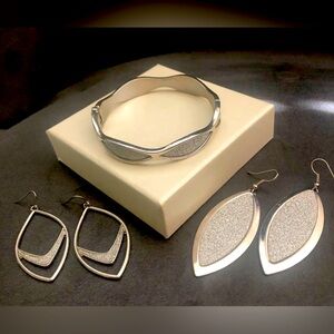 Bundle -silver glittered dangle earnings (2 styles)& matching bangle bracelet